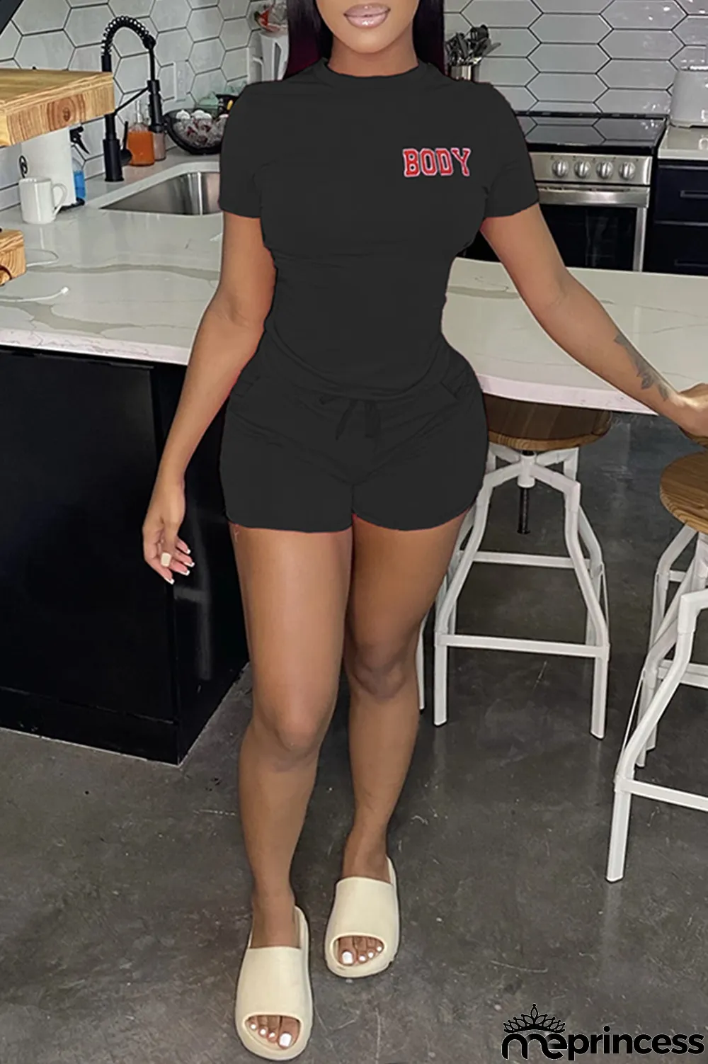 Black Fashion Casual Letter Print Basic O Neck Short Sleeve Two Pieces