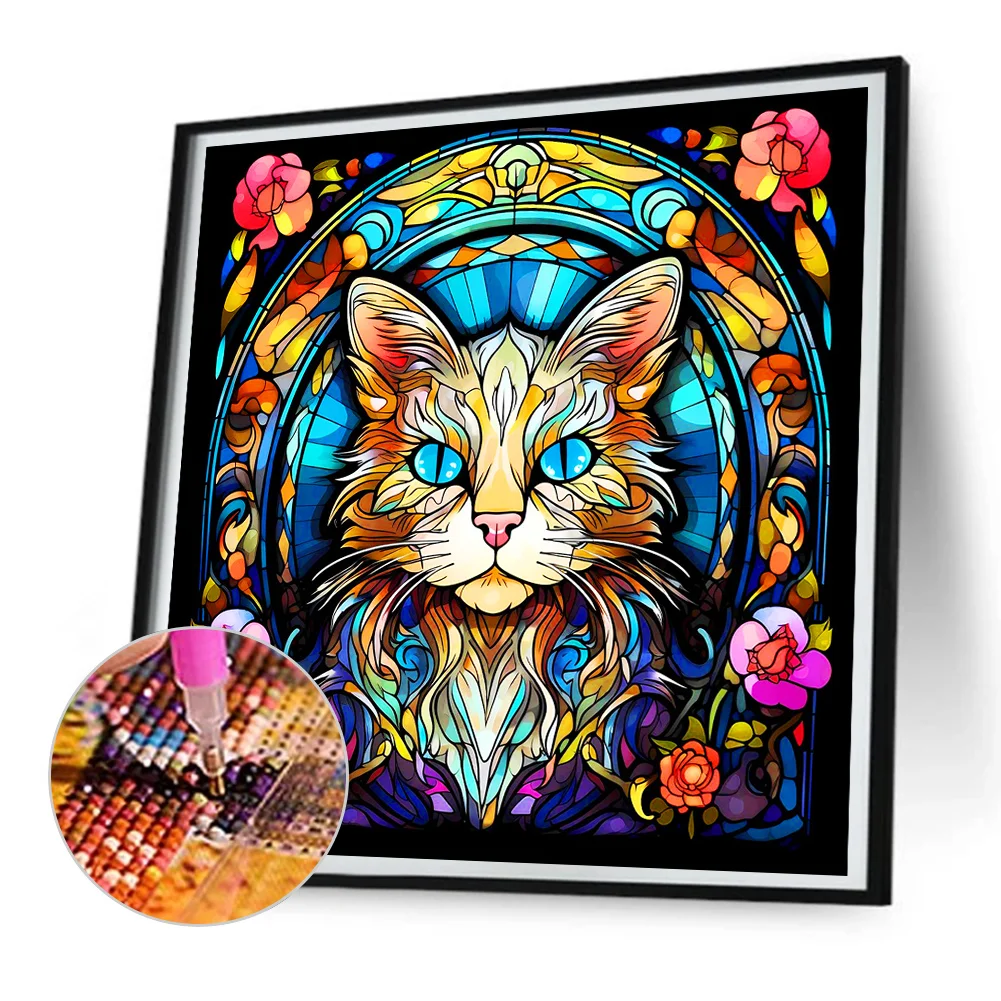 Full Round Diamond Painting 30*30cm - Glass Serious Cat
