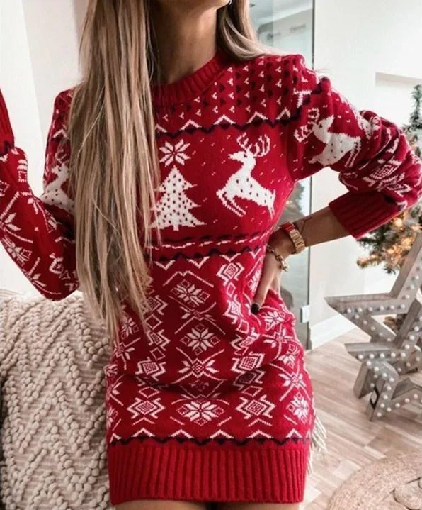 Tight-Fitting Christmas Theme Jacquard Long-Sleeved Knitted Dress DMladies