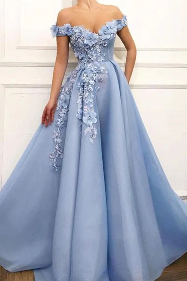 Exquisite Blue Off-the-shoulder Applique Tailored Prom Dress LY0545