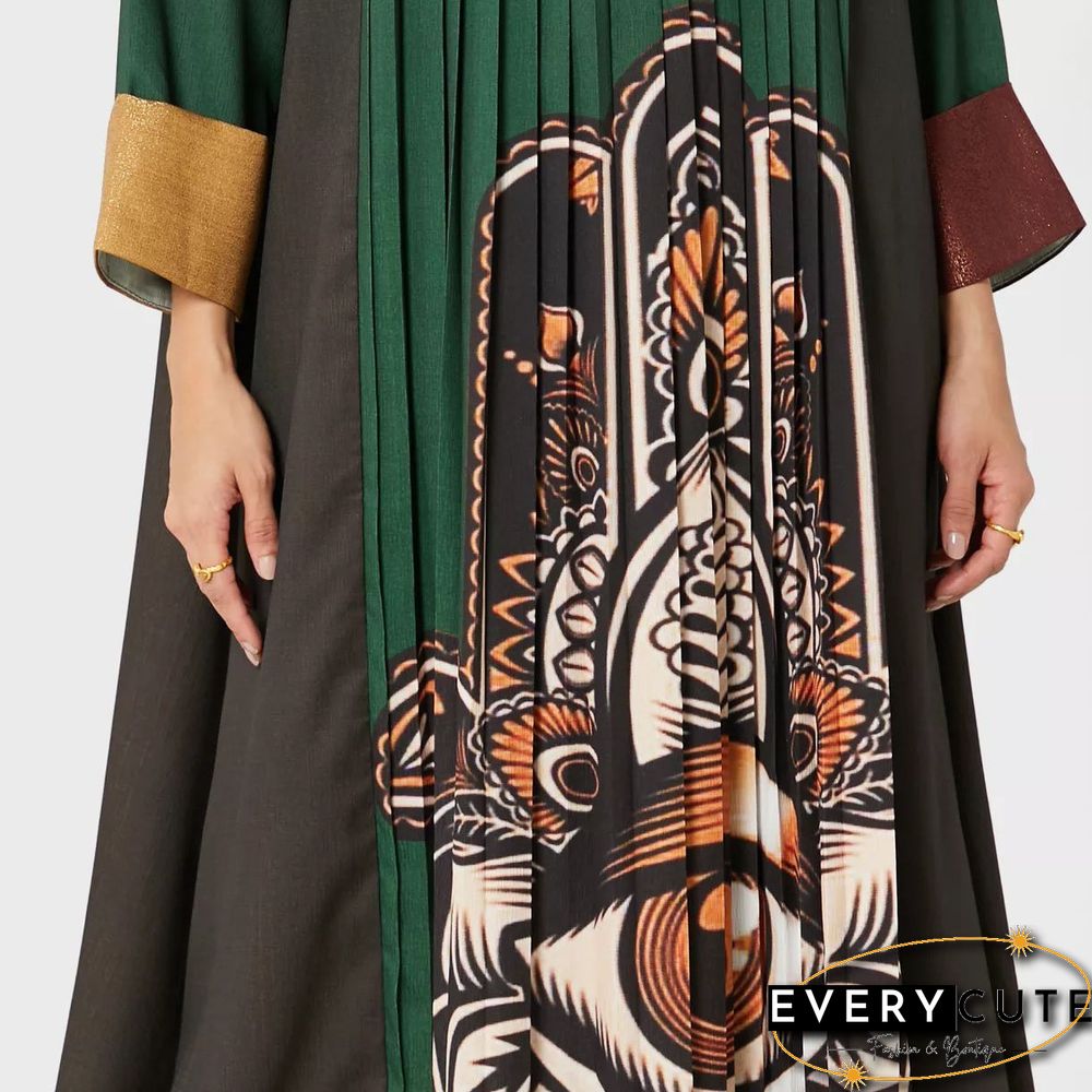 Pleated Round Neck Printed Long Sleeve Maxi Dress