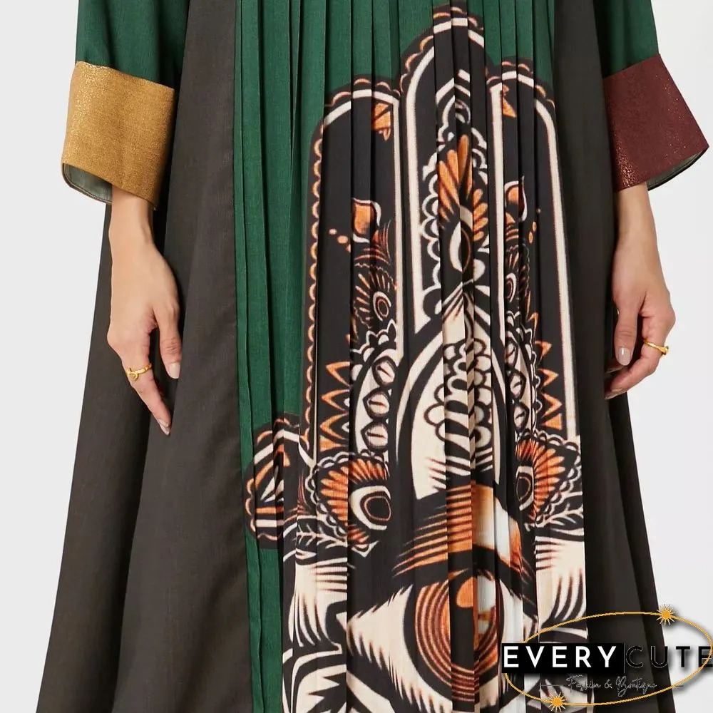 Pleated Round Neck Printed Long Sleeve Maxi Dress