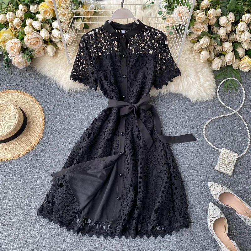 Fitaylor 2021 Summer Women Vintage Hollow Out Short Sleeve Overknee Dress High Waist Sashes Buttons New Female Embroidery Dress