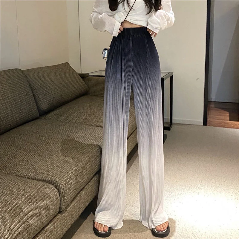 Zingj Gradient Color Wide Leg Pants Women Summer Thin Pleated Straight Trousers High Waist Elastic Streetwear Women Y2k Pants