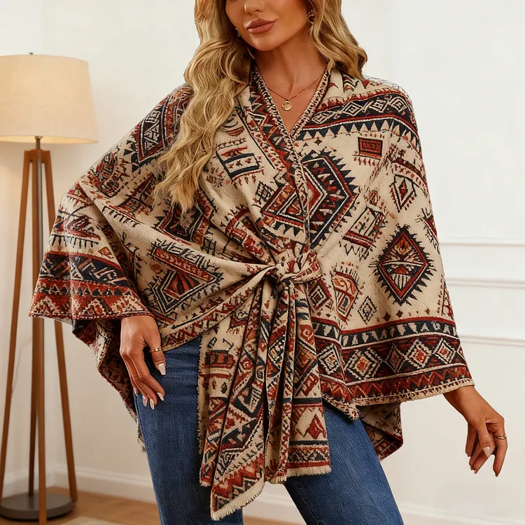 Vintage printing Elegant Shawl Wraps Soft Open Front Poncho Sweater 