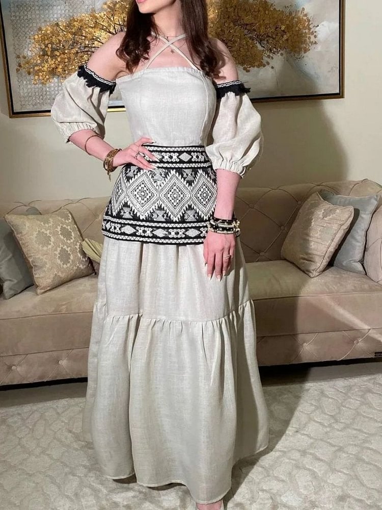 Ethnic Geometric Embroidery Off-Shoulder Elegant Dress