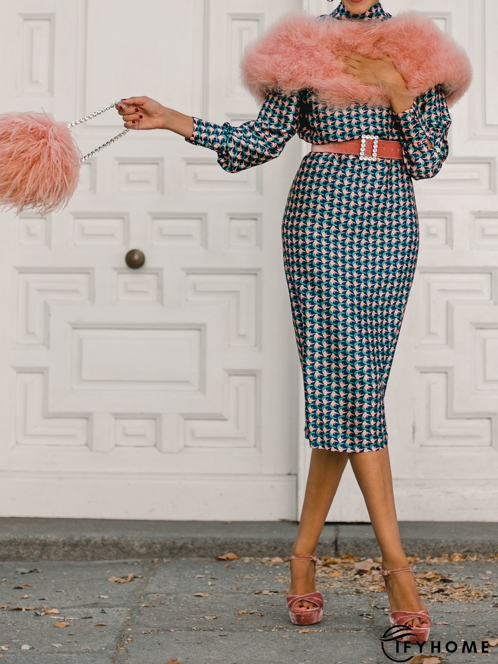 Fall Formal Long Sleeve Stand Collar A-Line Elegant Lady Dresses | IFYHOME