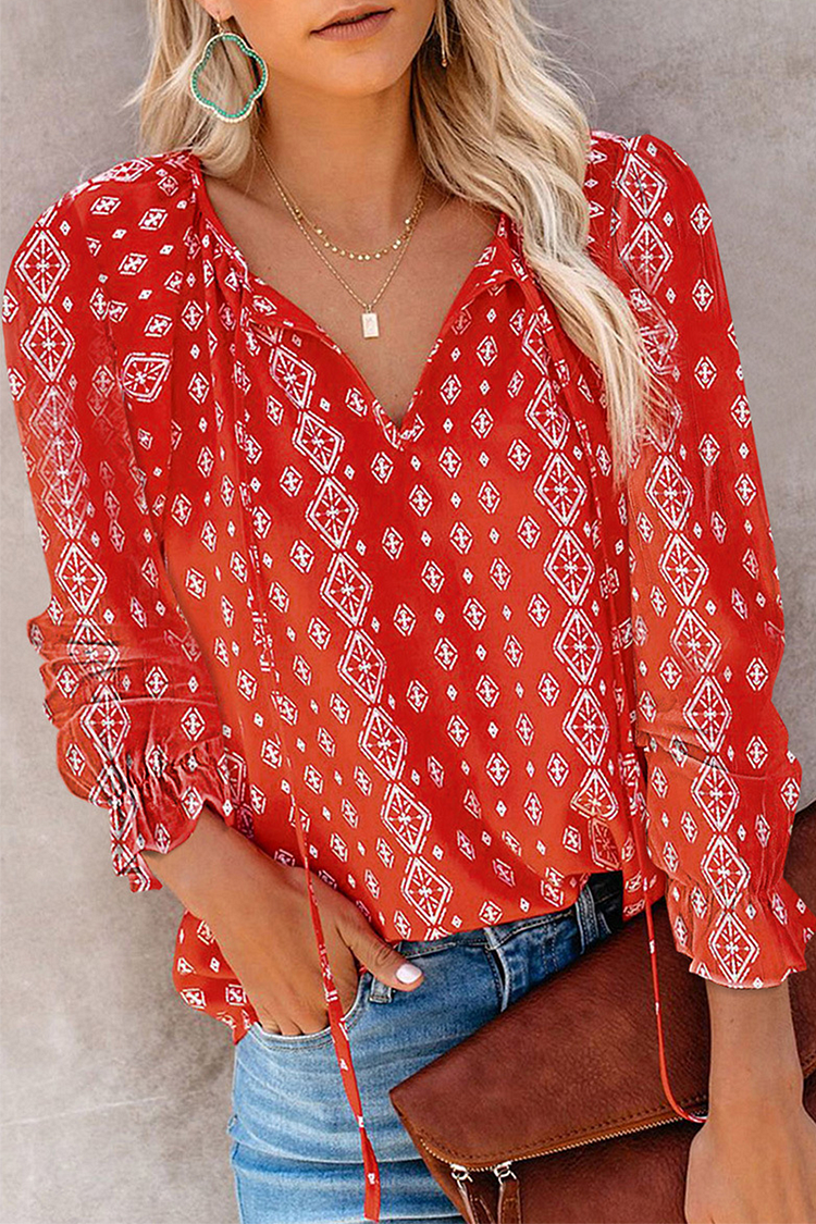 Casual Elegant Print Split Joint Frenulum V Neck Tops - Life is Beautiful for You - SheChoic