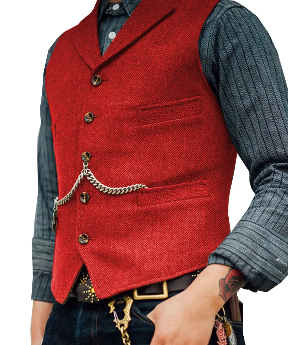 Men's Lapel V Neck Wool Herringbone Casual Waistcoat Formal Groomsman Business Suit Vest For Wedding