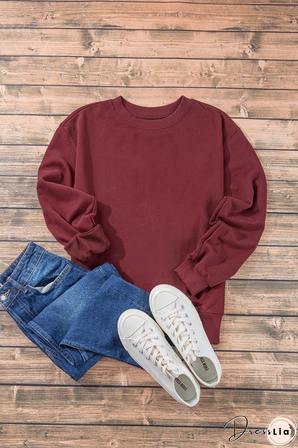 Burgundy Plain Drop Shoulder Crewneck Pullover Sweatshirt