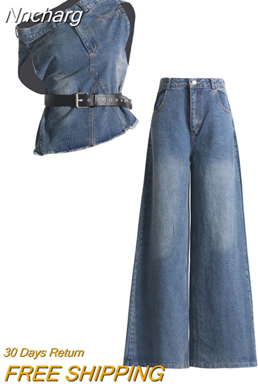 Nncharge Denim Two Piece Sets For Women Slash Neck Irregular Tops High Waist Split Jeans Summer Set Female Fashion Clothes