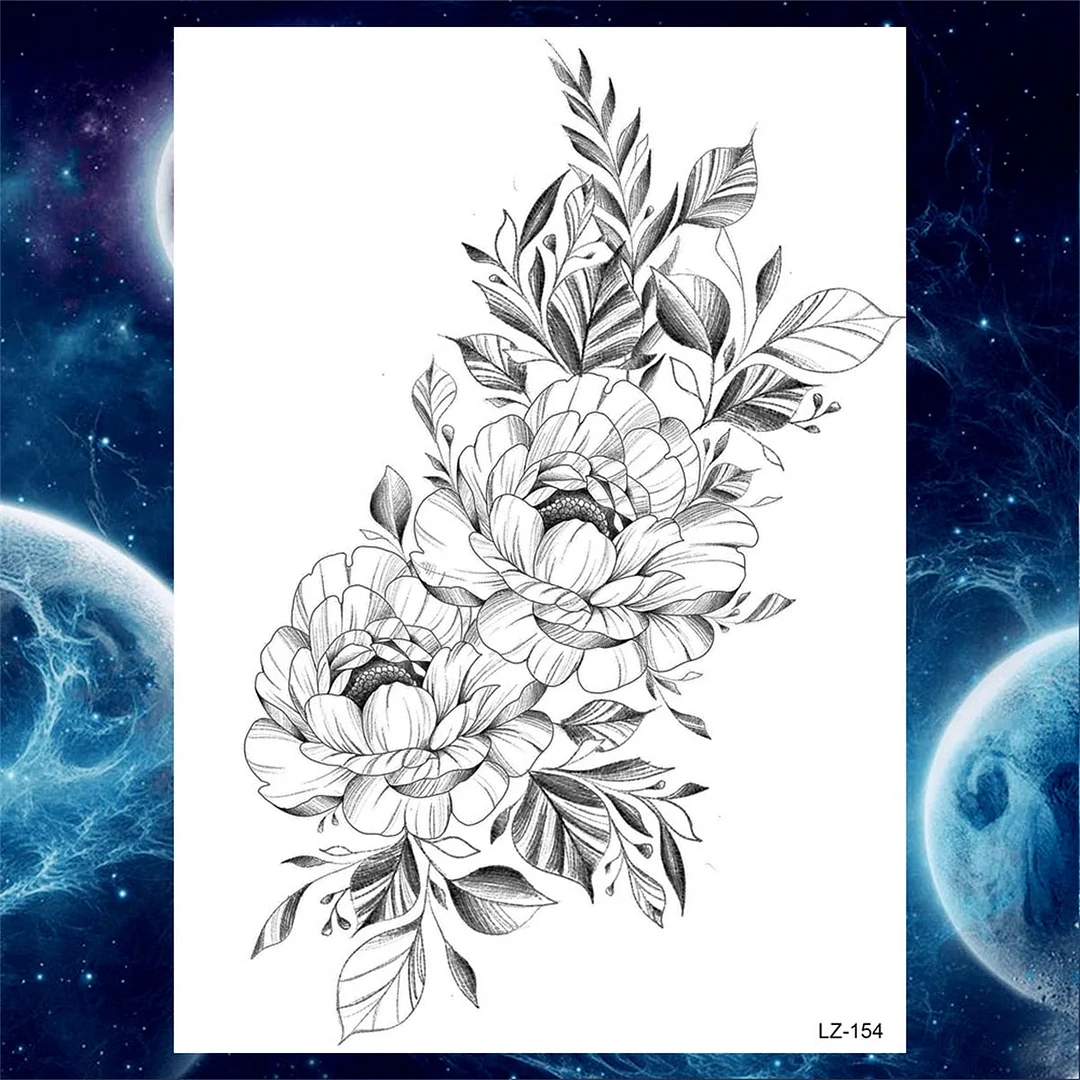 Large 3D Rose Flower Temporary Tattoos For Women Men Adults Death Skull Tattoo Sticker Peony Dahlia Black Fake Tatoos Forearm
