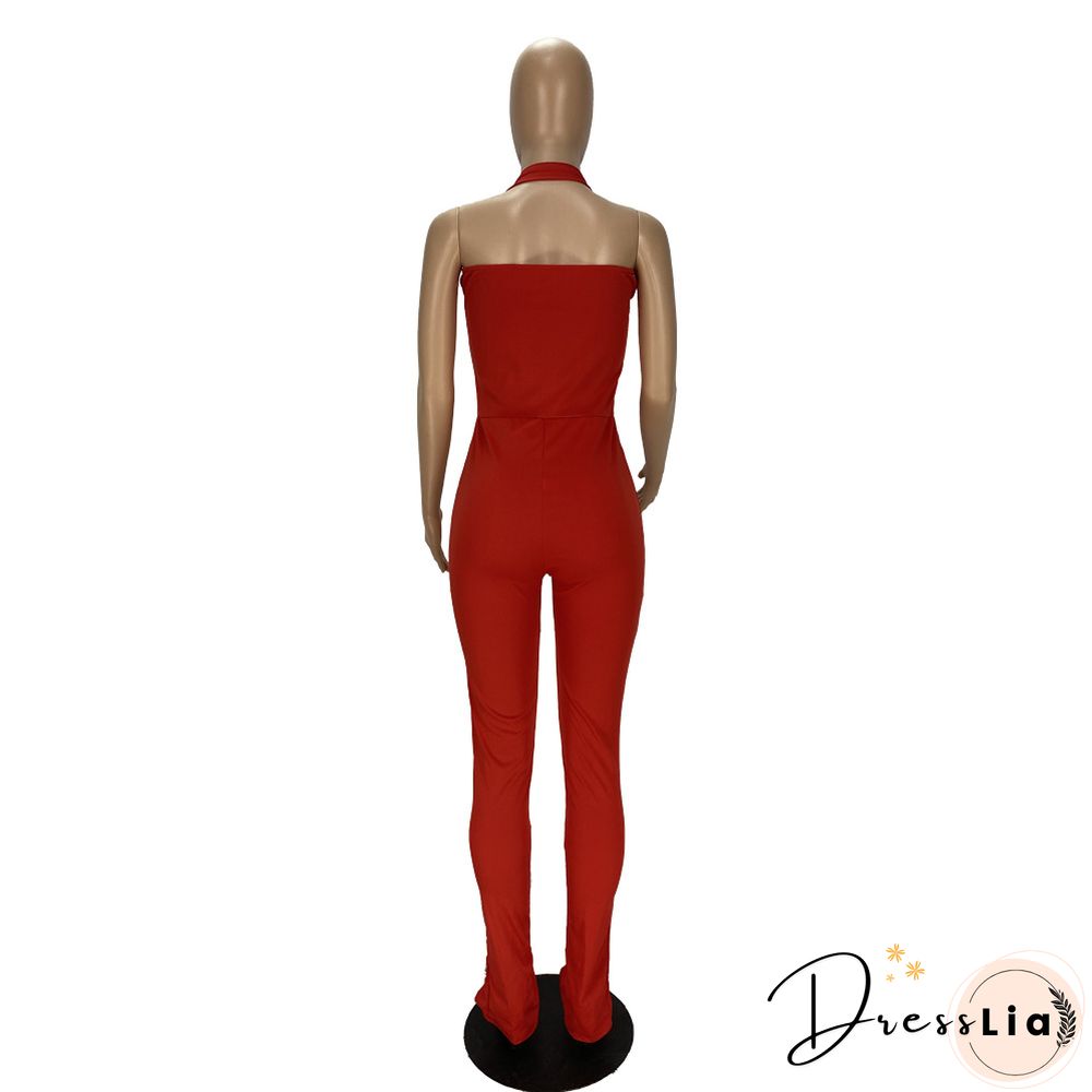 Women Solid Color Sportswear Sleeveless Halter Bodycon Jumpsuits