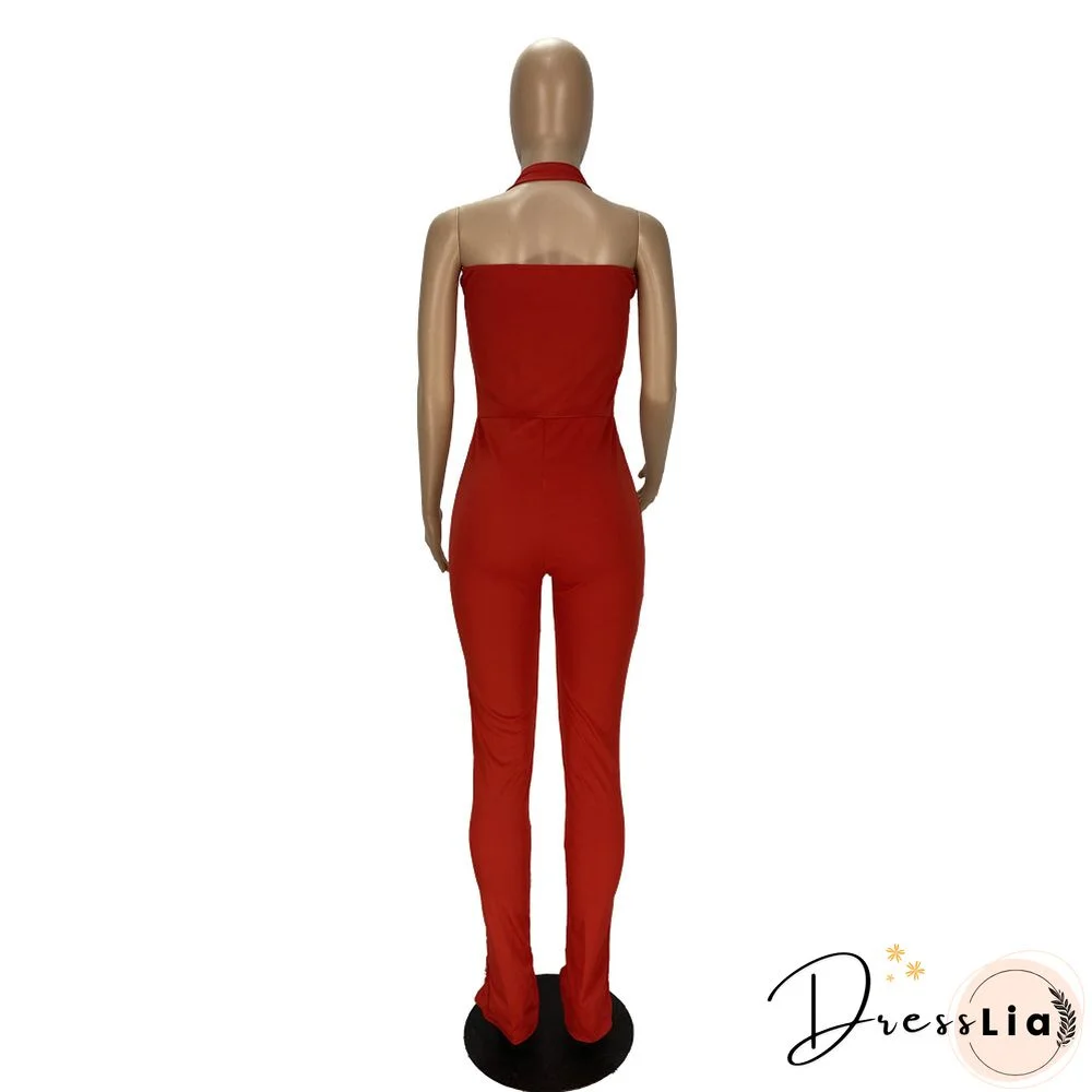Women Solid Color Sportswear Sleeveless Halter Bodycon Jumpsuits