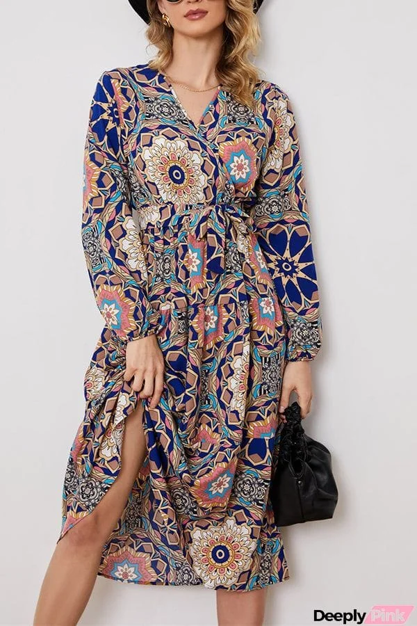 big flower long sleeve waist dress