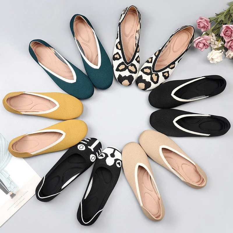 Women Shoes 2022 Bowknot flat Shoes Soft Pregnant Scoop Shoes Square Head Knitted Shoes Tide Girl Peas Shoes Female Ballet Shoes