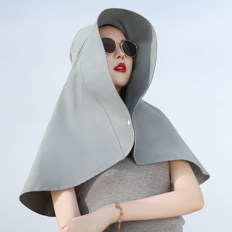 LANFUBEISI Fashion Summer Sun Hat Women Bucket Hat Anti-UV Shawl 2in1 Korea Dome Beach Cap Wide Brim Back Opening Cycling Fishing Hat 2022 LANFUBEISI
