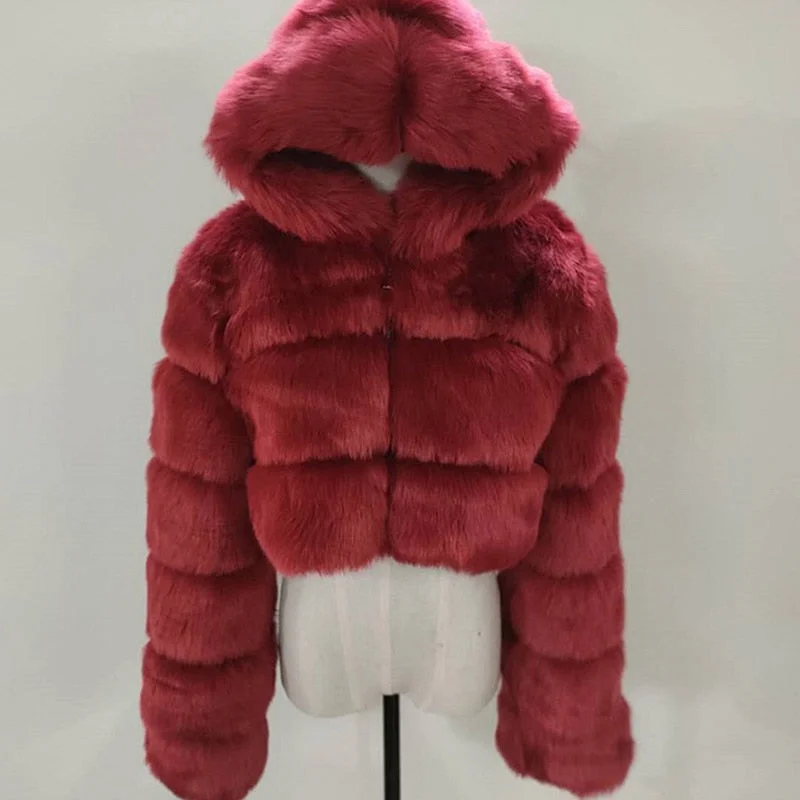 Faux Fur Coats Winter Warm Cropped Fluffy Jacket Coat Parkas Women Oversize Outerwear Ladies Female Soft with Hooded Coats