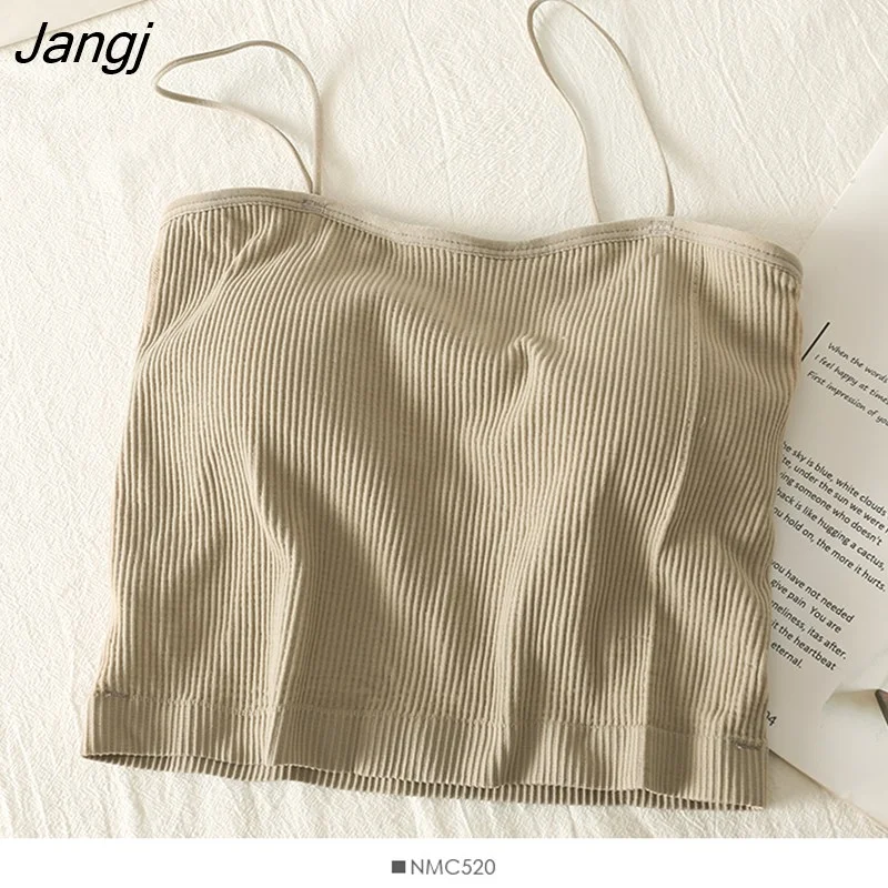 Jangj Ribbed Tops Casual Women Cotton Basic Crop Tops Strapy Padded Tubes Camis Knit Crop Tops Women Underwear Tops Summer
