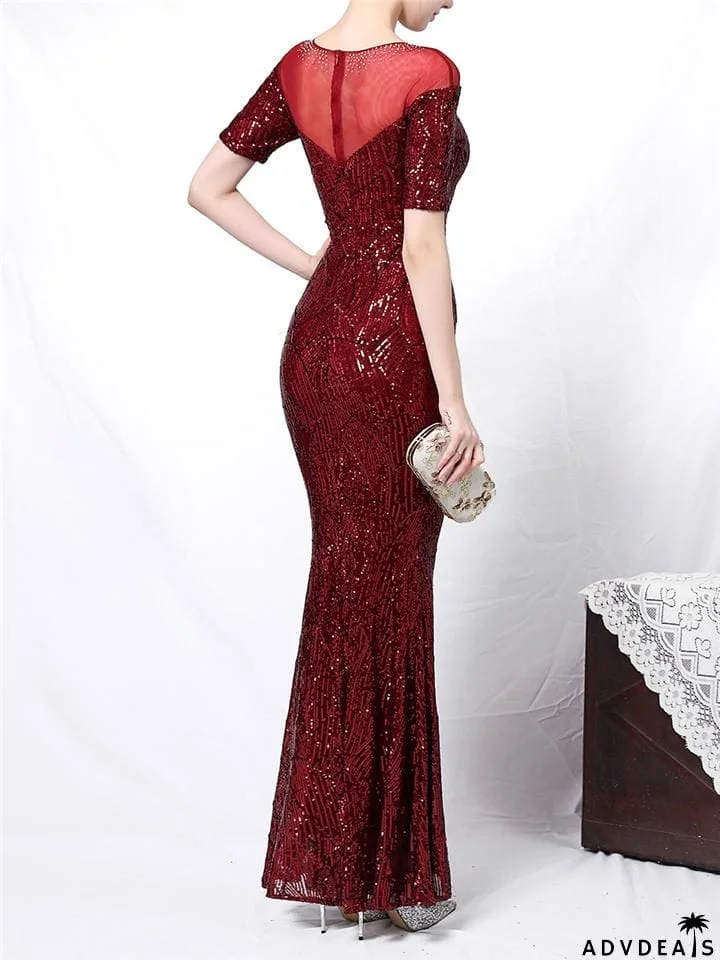 Shimmering Sequined Illusion Neck Mermaid Dress for Evening Party