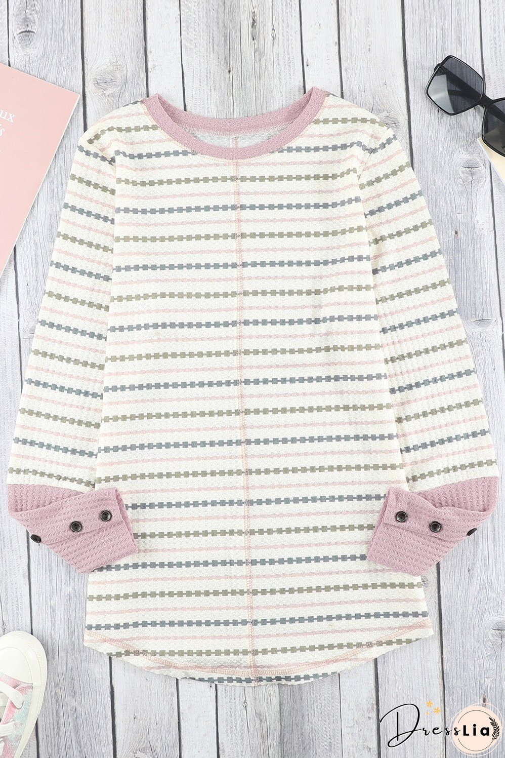 Printed Waffle-Knit Buttoned Cuff Top