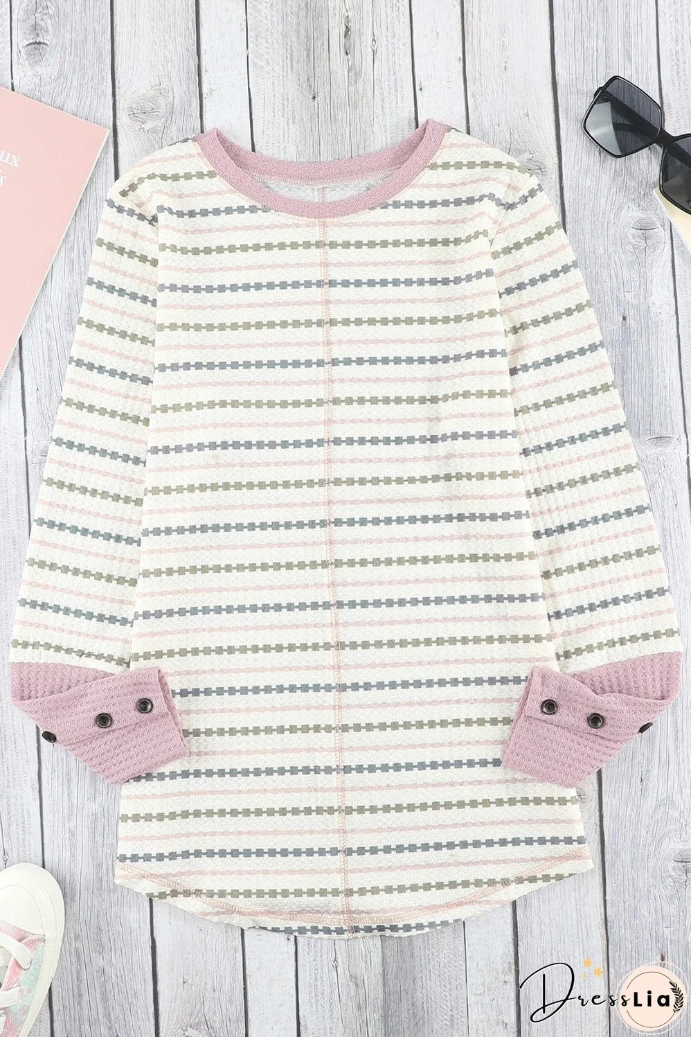 Printed Waffle-Knit Buttoned Cuff Top