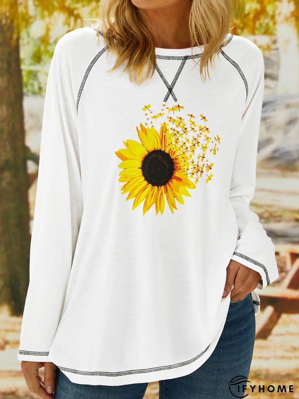 Sunflower Long Sleeve Crew Neck Casual Tunic T-Shirt | IFYHOME