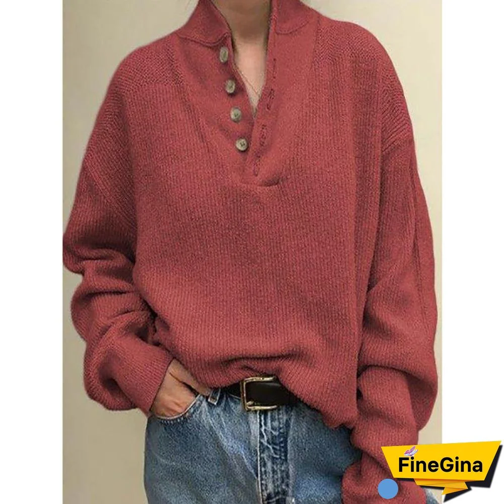 Long Sleeve V-Neck Buttoned Sweater
