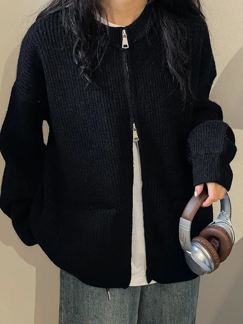Churchf Color Lazy Wind Double-Headed Zipper Soft Waxy Sweater Autumn New Women's High-Level Versatile Knit Cardigan