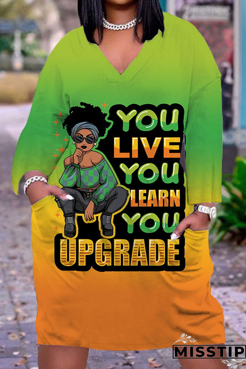 Green Yellow Casual Print Patchwork V Neck Straight Dresses