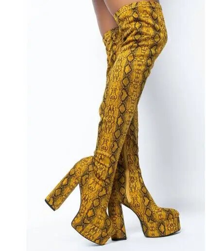 VCSHOES Woman Yellow Python Platform Over The Knee Boots Chunky Heels Round Toe Elastic Snake Skin Long Boots Shoes