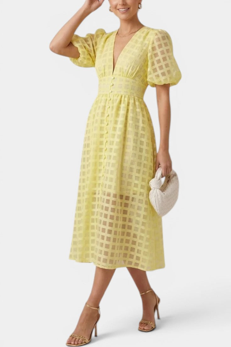 V-Neck Midi Dress with Puff Sleeves and Check Pattern