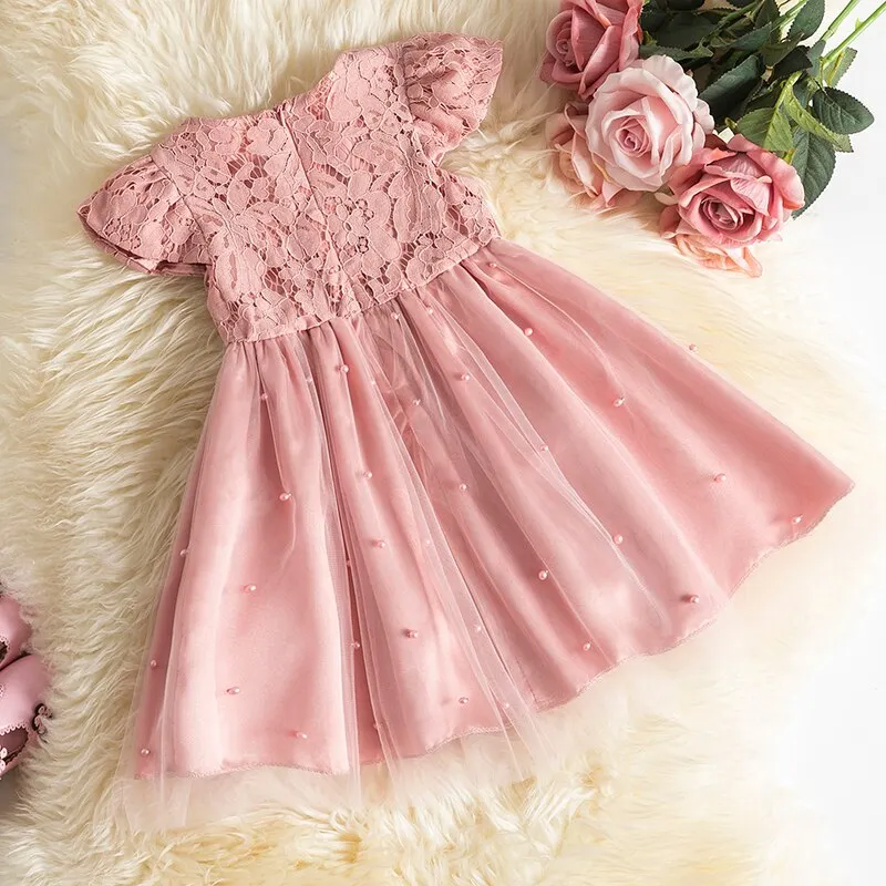 Uveng Baby Girls Dress for Summer Flower Lace Vestidos Wedding Party Kids Dresses for Girls Pearls Tulle Princess Children's Dresses