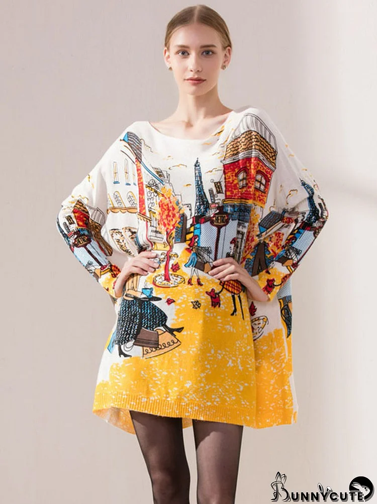 Original Loose Cartoon Printed Round-Neck Long Sleeves Sweater Dress