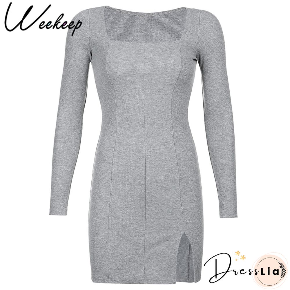 Weekeep Sexy Side Split Square Collar Long Sleeve Spring Dress Women Knitted Bodycon Party Clubwear Mini Dresses