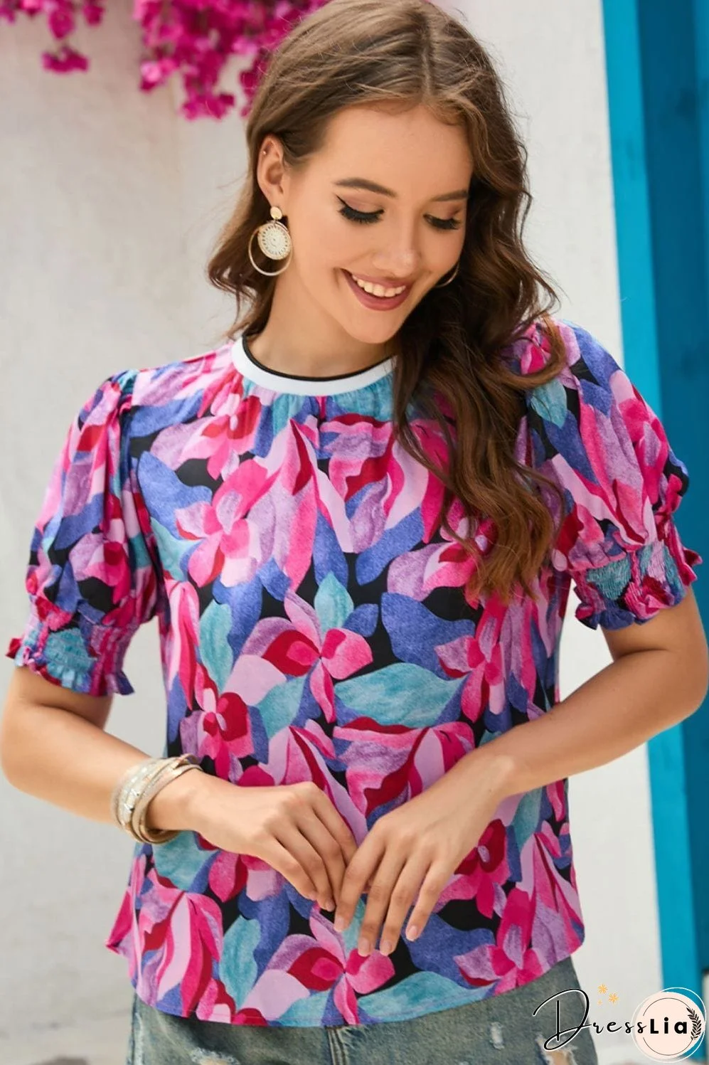 Floral Round Neck Puff Sleeve Top