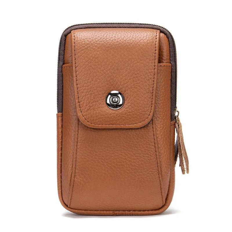 Grain Textured Style Genuine Leather Multiple Compartment Card Slot Magnetic Closure Belt Bag