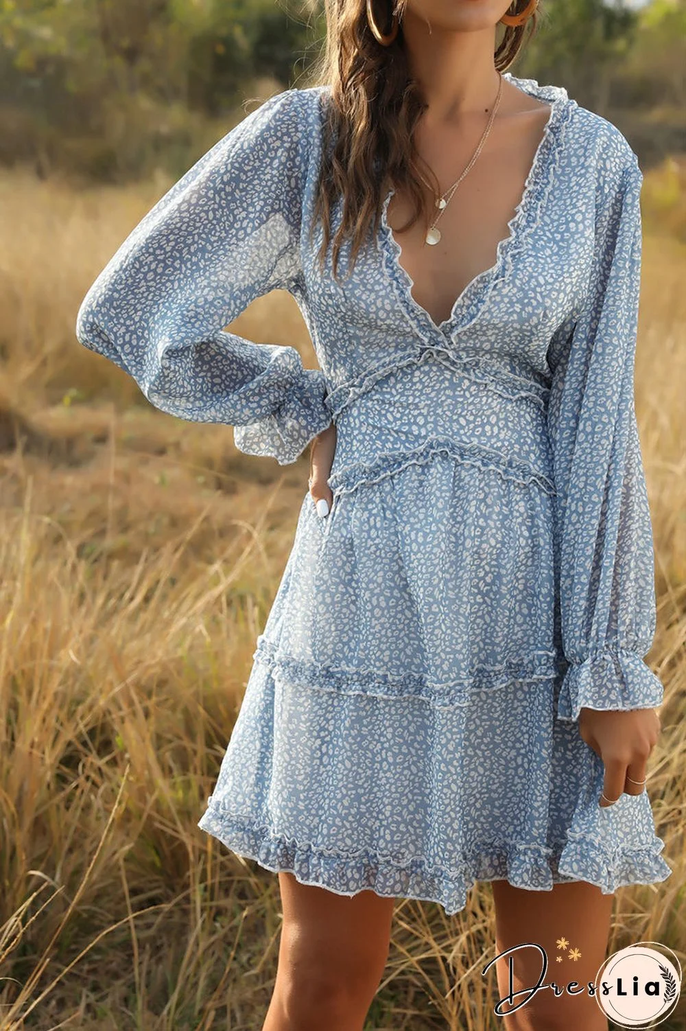 Ditsy Floral Prints Ruffle Edge Tiered Long Sleeve Boho Dress