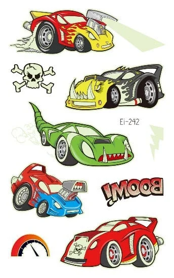 Luminous Cool Racing Tattoo Stickers Waterproof Party Cartoon Car Children's Temporary Tattos Hand Body Foot Men Fake Tatoo
