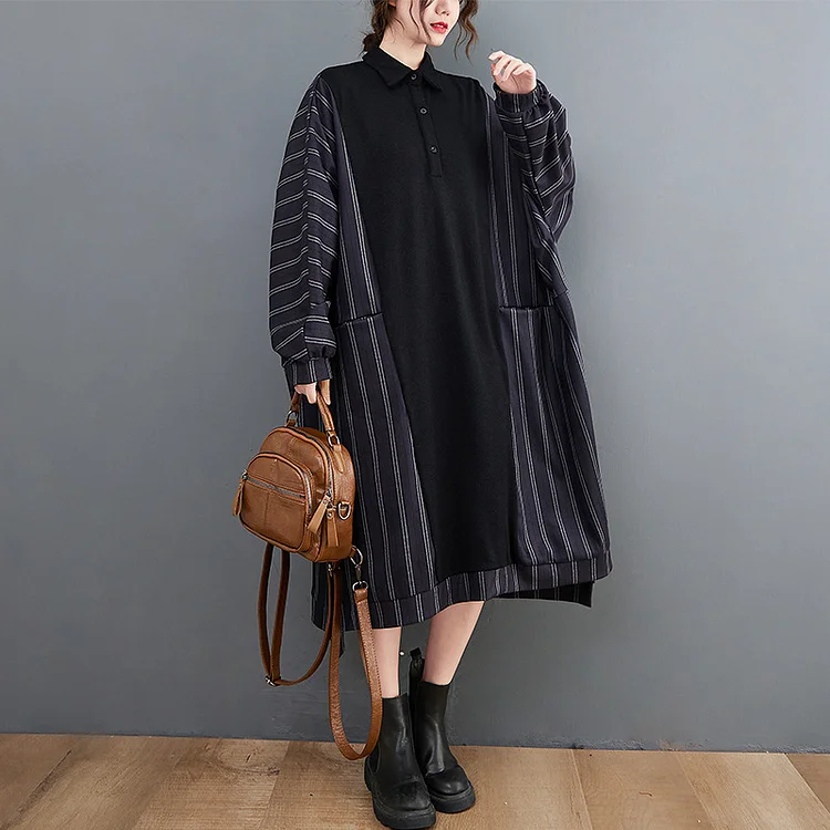 Loose Striped Splicing Long Sleeve Midi Dress