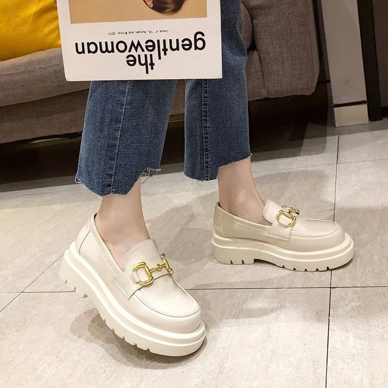 Flats Leather Casual Shoes Metal Buckle Platform for Women 2021 Oxfords Women's Loafers Genuine Moccasins Slip-on Autumn