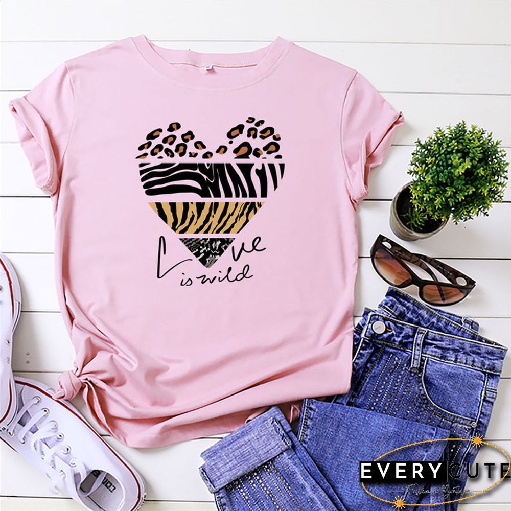 White Woman Tshirts Summer TShirt Fashion Heart Leopard Print Shirt 100%Cotton Tops O Neck Short Sleeve Tees Women Graphic Tee