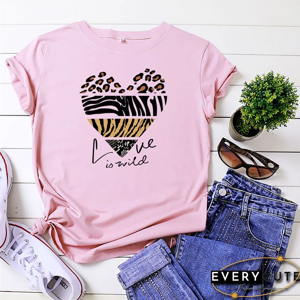 White Woman Tshirts Summer TShirt Fashion Heart Leopard Print Shirt 100%Cotton Tops O Neck Short Sleeve Tees Women Graphic Tee
