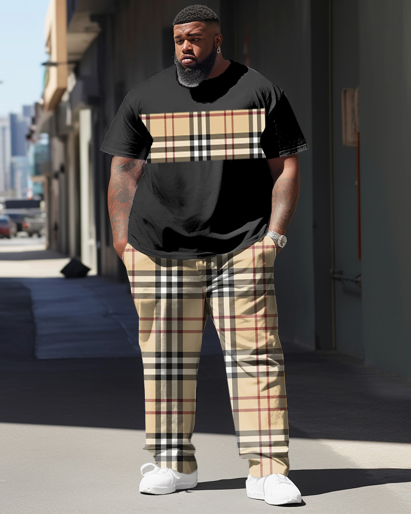 Men's Plus Size Colorblock Short Sleeve T-shirt and Plaid Pants Set