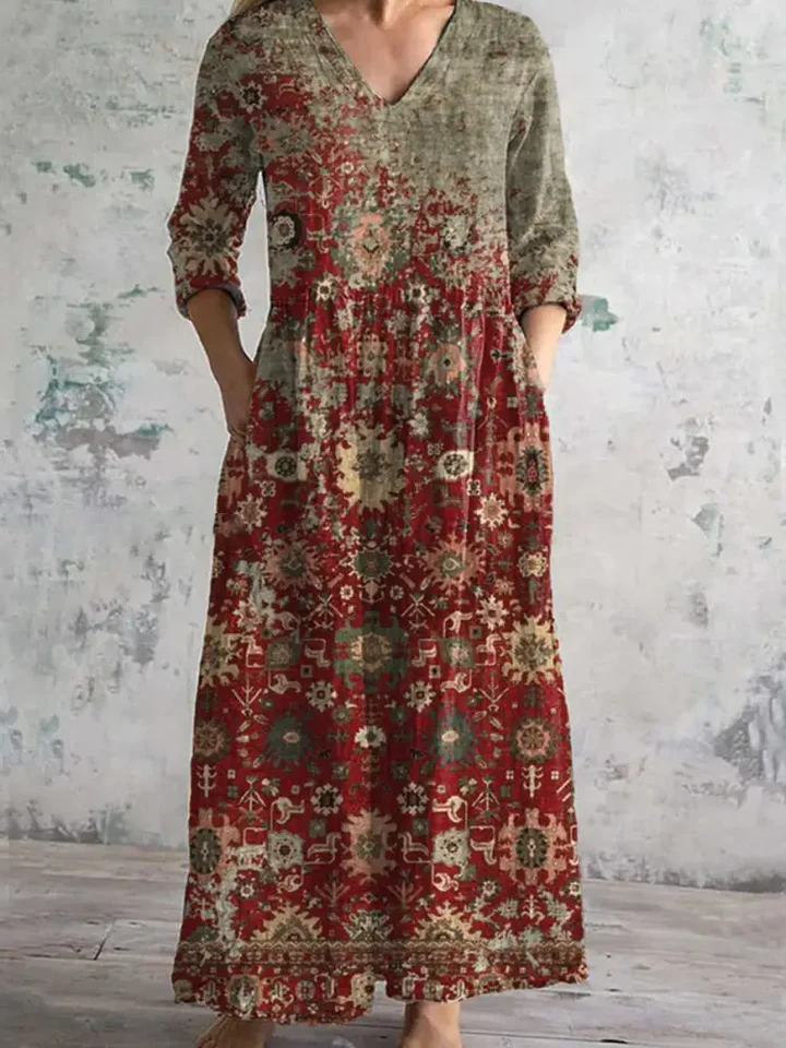 Womens Broken Vintage Floral Print Pattern Cotton And Linen Dress