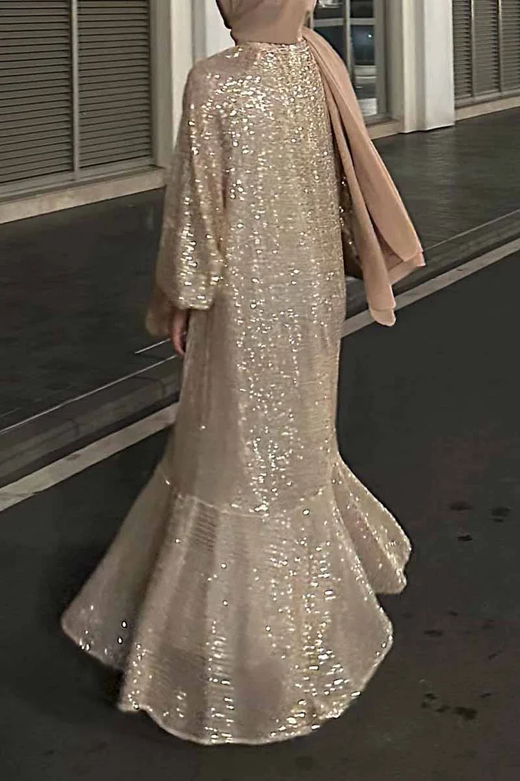 Glitter Sequins Long Sleeve Tiered Party Kaftan Maxi Dresses Champagne-S Glitter Sequins Long Sleeve Tiered Party Kaftan Maxi Dresses Champagne-S