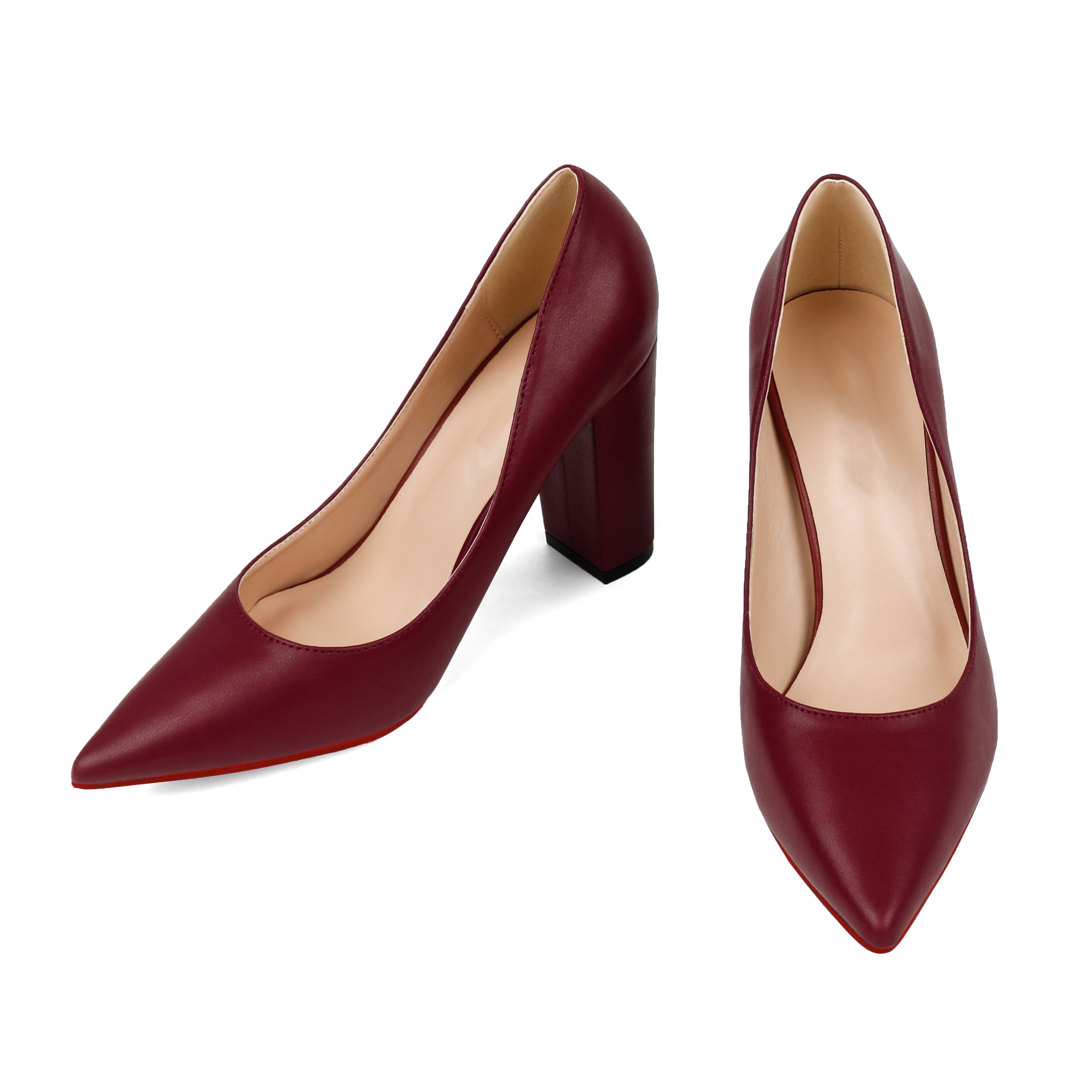 3.5" Women's Chunky Heels Red Bottom Shoes Comfortable Middle Block Heel Matte Pumps-MERUMOTE