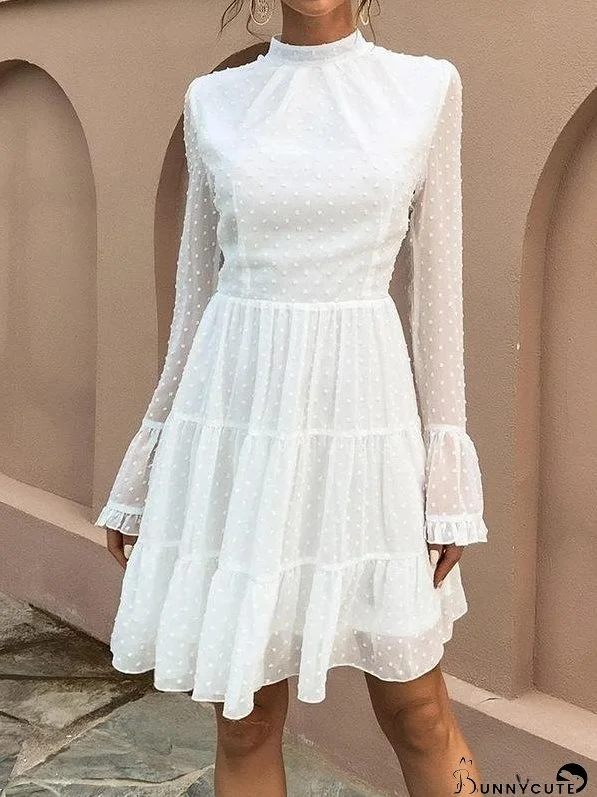 Mock Neck Ruffle Hem Swiss Dot Chiffon Dress for Women