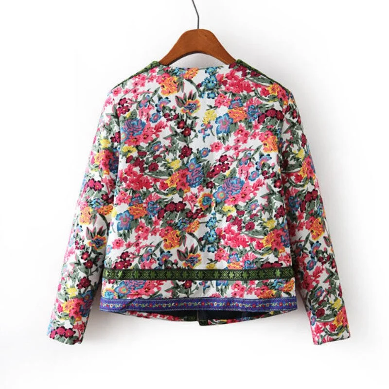 2021 Spring And Autumn New Fashion Embroidery Flower Print Short Design Wadded Jacket Female Casual Coats Vintage Cotton-padded