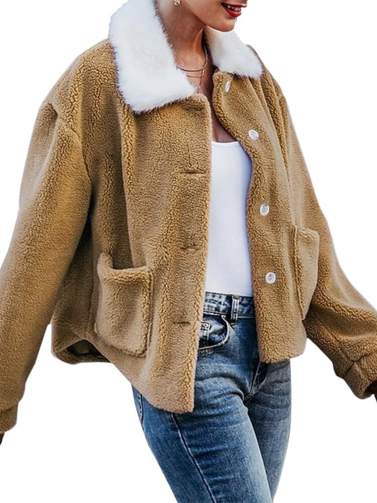 Women Turn Down Collar Long Sleeves Warm Coat With Side Pockets - Life is Beautiful for You - SheChoic